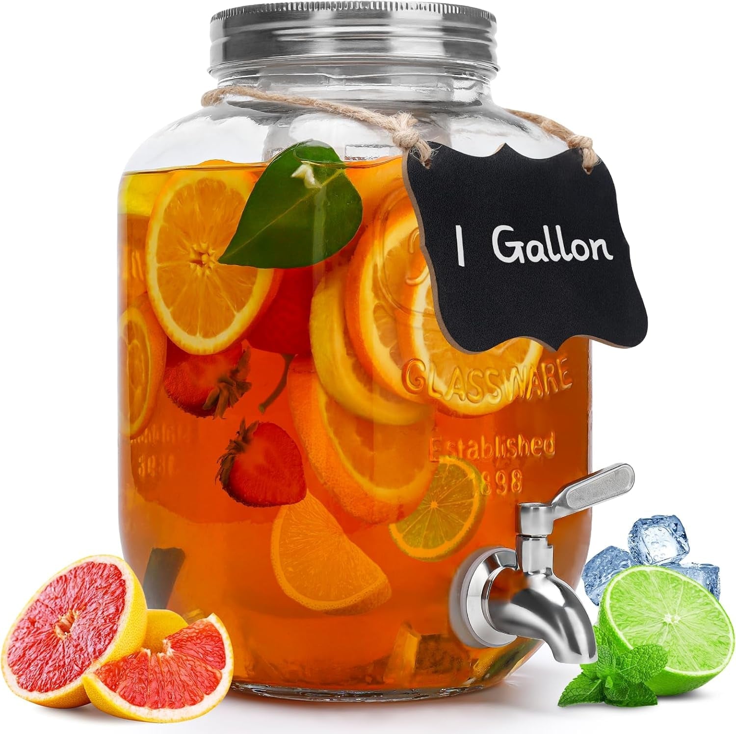 1-gallon-glass-beverage-dispenser-with-lid-stainless-steel-spigot-glass-drink-dispensers-for-parties-lemonade-dispenser-with-ice-cylinder-for-weddings-party-sun-tea-jar-water-juice-dispensers