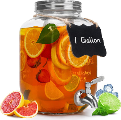 1 Gallon Glass Beverage Dispenser with Lid, Stainless Steel Spigot, Glass Drink Dispensers for Parties, Lemonade Dispenser with Ice Cylinder for Weddings, Party,Sun Tea Jar, Water Juice Dispensers1