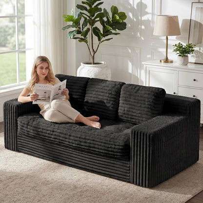 Boneless Couch, Cloud Loveseat Sofa Corduroy Couch in a Box, Upholstered Boneless 3 Seater Couch for Living Room Bedroom Office Apartment, No Assembly Required, Black3