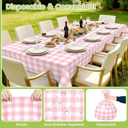 4 Pcs Pink Gingham Tablecloth 54 × 108 Inches Pink and White Checkered Table Cloth Disposable Plastic Waterproof Tablecover for Outdoor Picnic, Birthday Party, Holiday Dinner5