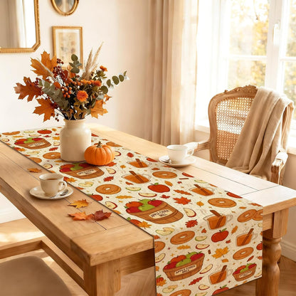 Fall Harvest Table Runner, Cozy Fruits Cider Donuts Leaves Autumn Kitchen Dining Decor for Family Gatherings Holiday Celebrations 13X108 Inch4