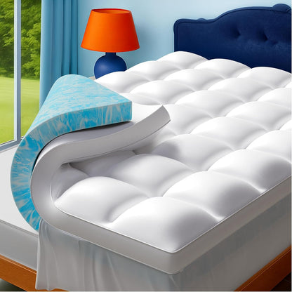 Queen Size Dual Layer 4 Inch Memory Foam Mattress Topper | 2 in Cooling Gel Memory Foam and 2 in Washable Soft Pillow Top Mattress Pad Cover, 8-24 in Deep Pocket, Medium Firm Support1