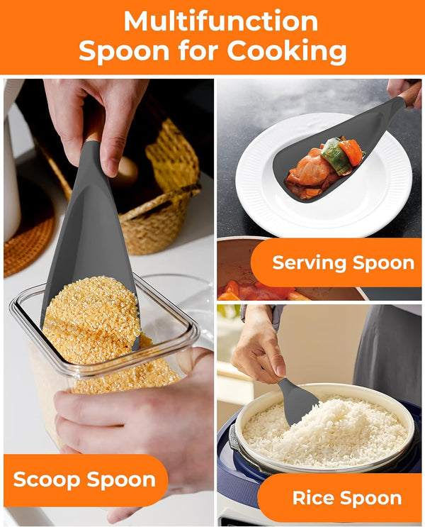Cooking Spoon Multifunction Spoonula Silicone Spatula Spoon 2-Pack, Dual-Use Heat Resistant 446°F, Bpa-Free Non-Toxic Wooden Handle Rice Spoon Set for Non-Stick Cookware & Rice Cookers5