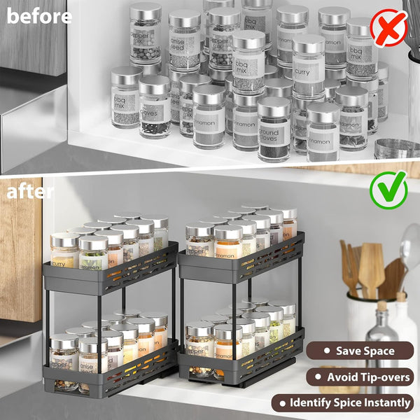 Pull Out Spice Rack Organizer for Cabinet, 3 Packs Slide Out Spice Racks Organizer, Spice Cabinet Organizers, Cabinet Size Need:12'' Highx11'' Deepx5'' Wide,Each Tier Hold 10 Spice Jar - 2 Tier, Black6