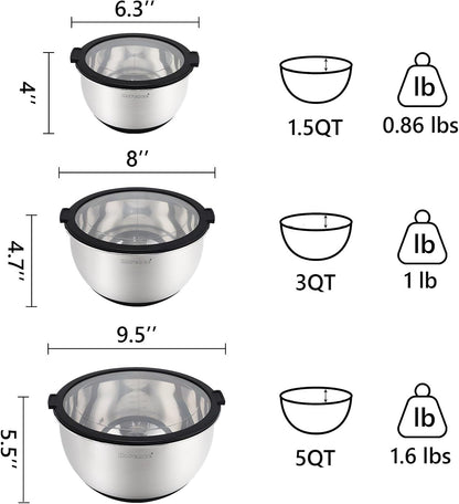Stainless Steel Mixing Bowls with Lids Set of 3, 1.5/3/5QT2
