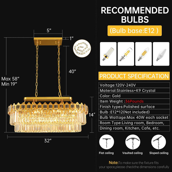 12-Light Modern Gold Crystal Chandeliers for Dining Room Light Fixture 32"5
