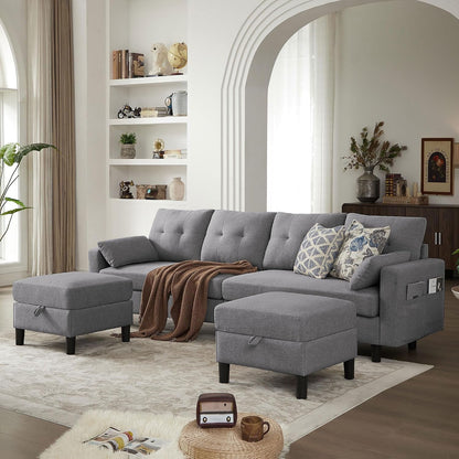 Convertible Sectional Sofa Couch, 101" U Shaped Couch with Storage Chaise and Side Pocket, Modern Polyester 4-Seat Reversible Sofa Set for Living Room, Light Grey1