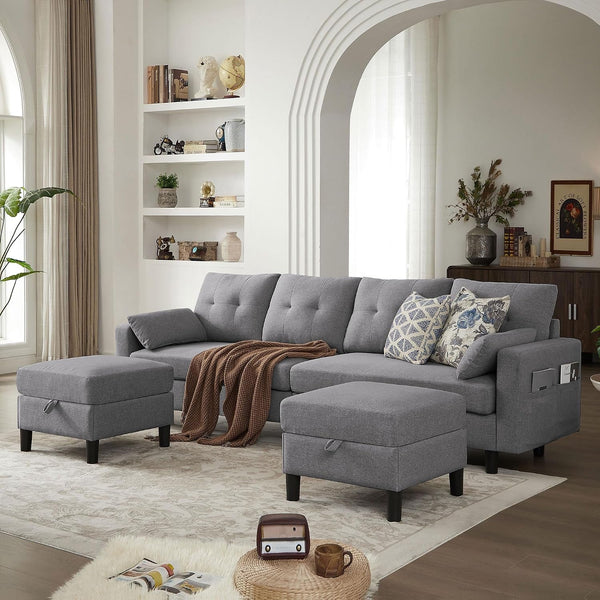 Convertible Sectional Sofa Couch, 101" U Shaped Couch with Storage Chaise and Side Pocket, Modern Polyester 4-Seat Reversible Sofa Set for Living Room, Light Grey1