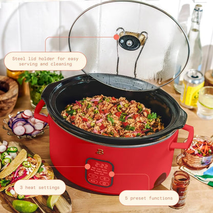 6 Qt Programmable Slow Cooker with Digital Timer, 5 Cooking Functions, Removable Ceramic Pot and Tempered Glass Lid, Dishwasher Safe (Tomato Red)3