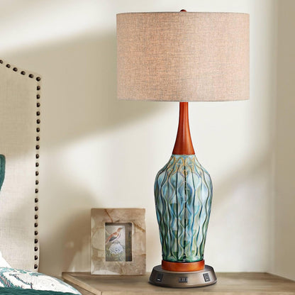 Rocco 30" Large Table Lamp Blue Ceramic USB Workstation Base Handmade1