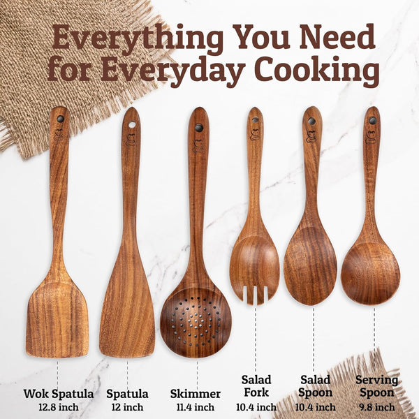 Prioritychef Wooden Spoons for Cooking, Premium 6Pc Teak Wood Utensil Set with Hanging Hooks4