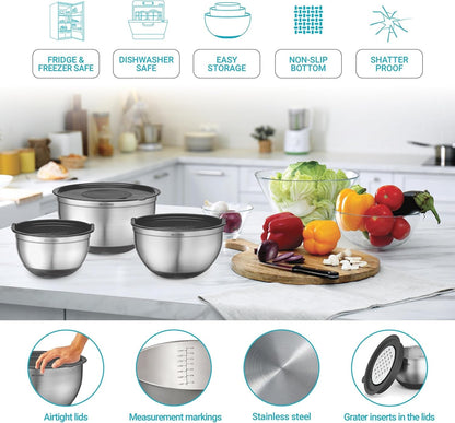 Mixing Bowls with Lids Set of 5 - Stainless Steel Nesting Metal Bowl Set5
