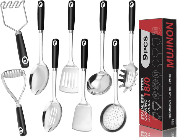 18/0 Stainless Steel Cooking Utensils Set, Heavy Duty Kitchen Utensils for Daily Use Party Wedding Housewarming, Dishwasher Safe, 9 Pieces1