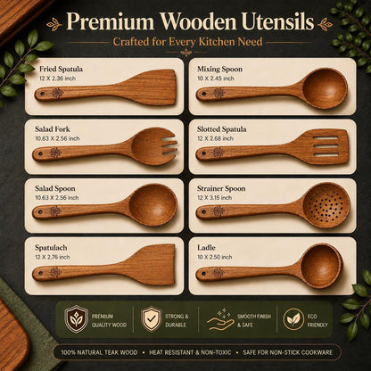 8-Piece Wooden Kitchen Utensils Set for Cooking, Premium Teak Wood Cooking Utensil Set, Wooden Spoons & Spatulas, Kitchen Cooking Utensils Safe for Nonstick Cookware2