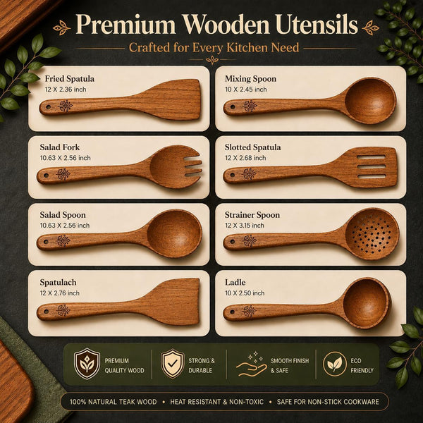 8-Piece Wooden Kitchen Utensils Set for Cooking, Premium Teak Wood Cooking Utensil Set, Wooden Spoons & Spatulas, Kitchen Cooking Utensils Safe for Nonstick Cookware2
