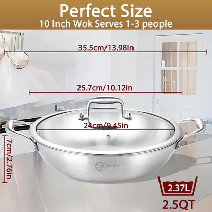 10-Inch Stainless Steel Wok with Lid | 2.5-Quart | Dual Handles | Small | Uncoated Tri-Ply Stir Fry Pan | Everyday Cooking Wok for Induction | Flat Bottom | PFOA-FREE | 1-2 Servings ﻿2