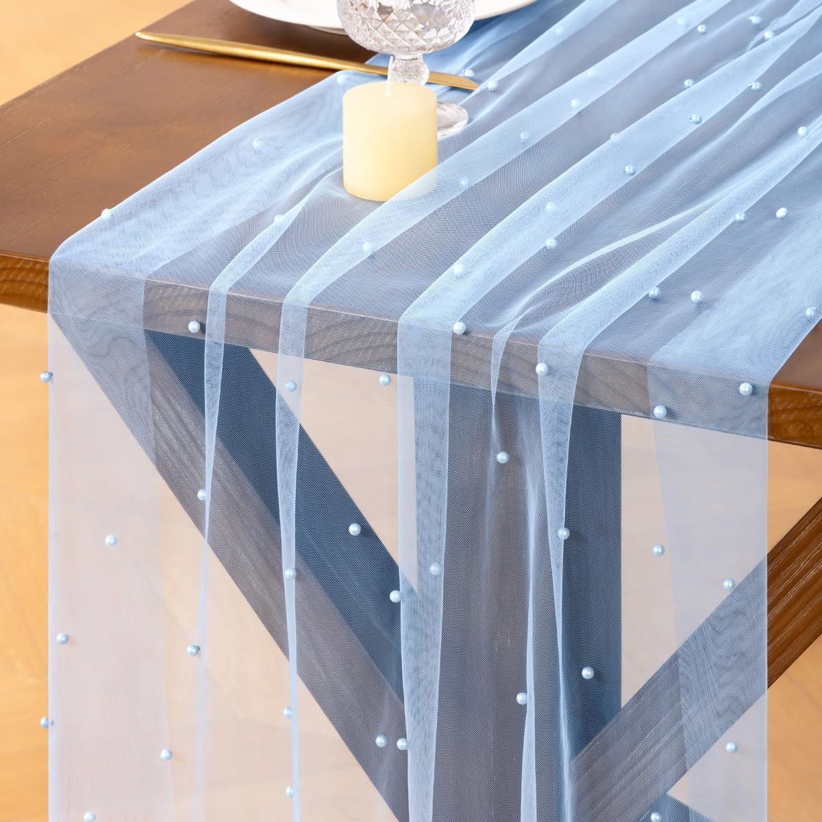 pearl-table-runner-fall-tulle-gauze-sheer-wedding-party-home-decor-blue-cheesecloth-10ft-chiffon-dining-birthday-baby-shower-bridal-anniversary-holiday-centerpiece-table-decorations