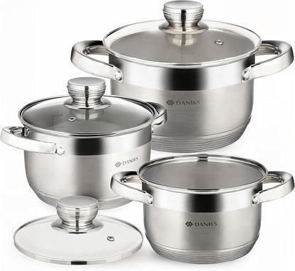 Standard 6-Piece Stainless Steel Cookware Set with Glass Lid, Tri-Ply Bases for Even Heating, Induction Compatible, Dishwasher Safe, Built-In Measuring Scale, Silver1