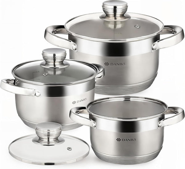 Standard 6-Piece Stainless Steel Cookware Set with Glass Lid, Tri-Ply Bases for Even Heating, Induction Compatible, Dishwasher Safe, Built-In Measuring Scale, Silver1