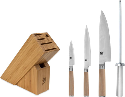 Shun Classic Blonde 5 Piece Starter Block Set, Includes 8" Chef, 3.5" Paring & 6" Utility Knives, Handcrafted Japanese Knife Block Set, Damascus Stainless Steel Cladding, Pakkawood Handle1