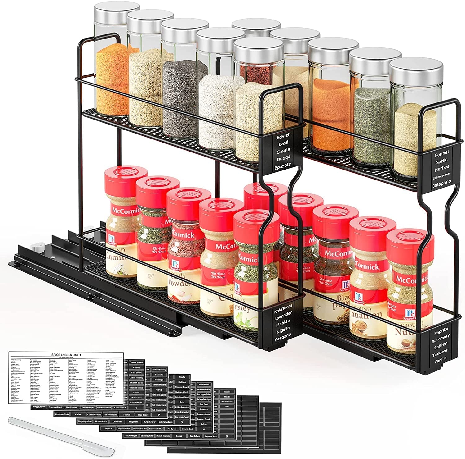 pull-out-spice-rack-organizer-for-cabinet-heavy-duty-slide-out-seasoning-kitchen-organizer-cabinet-organizer-with-labels-5-2-w-x10-75-d-x10-h-2-drawers-2-tier