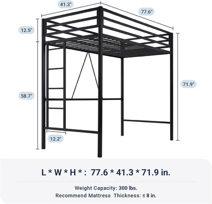 Metal Loft Bed Twin Size with Guardrail and Ladder,Black2