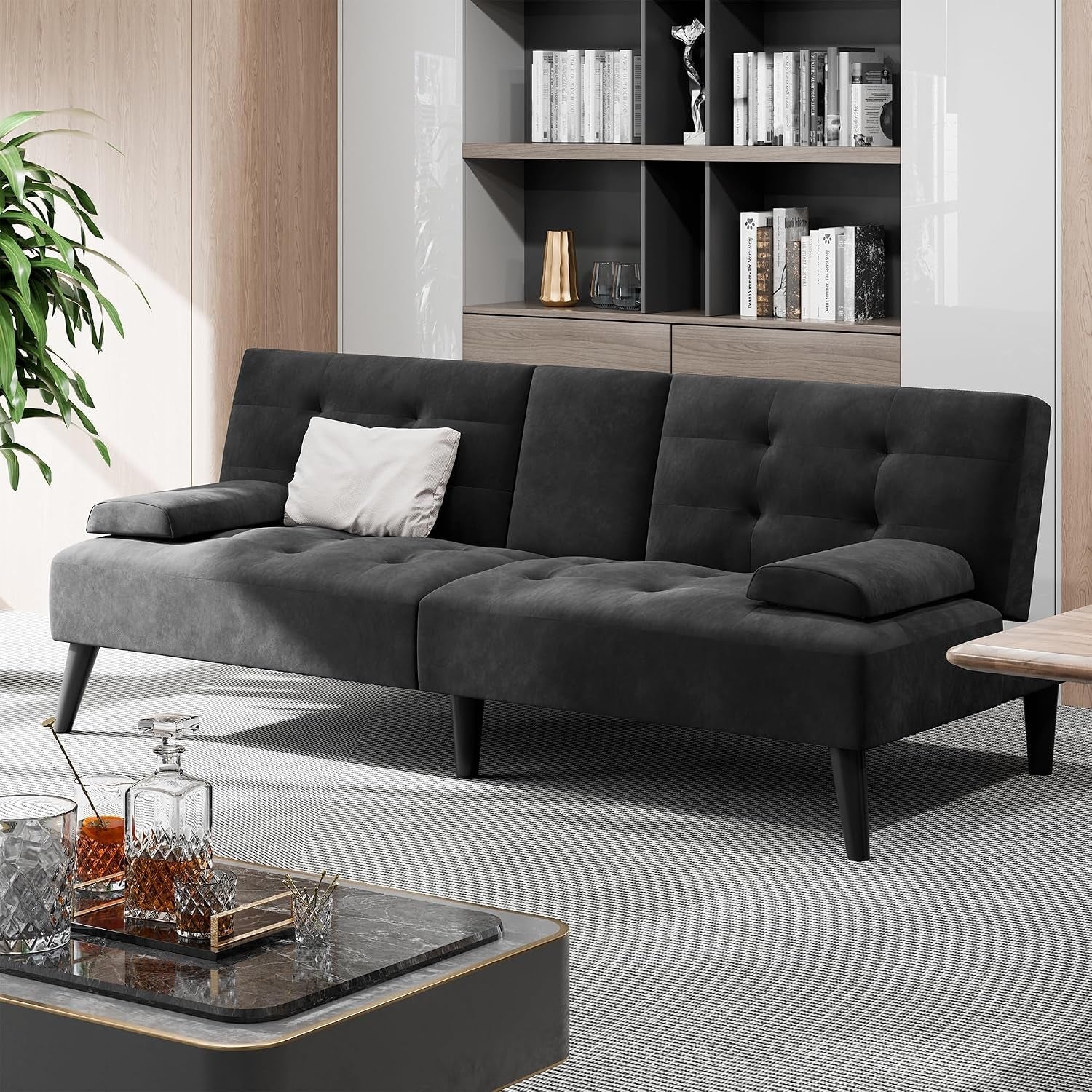 64-futon-sofa-bed-velvet-foldable-couch-upholstered-loveseat-sofa-couch-with-folding-cup-holders-reclining-sleeper-with-removable-armrests-for-home-office-black