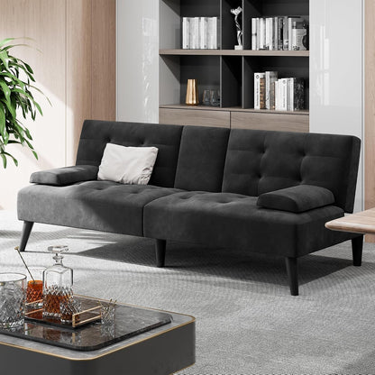 64" Futon Sofa Bed, Velvet Foldable Couch, Upholstered Loveseat Sofa Couch with Folding Cup Holders, Reclining Sleeper with Removable Armrests for Home, Office, Black3