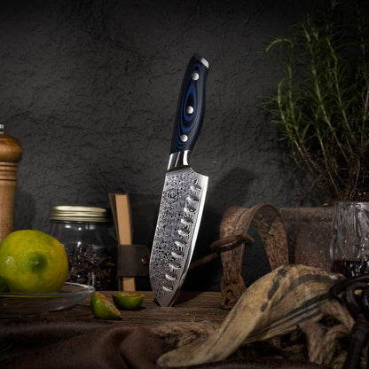 FANTECK Santoku Knife 5 Inch Damascus Japanese Steel Kitchen Knife,Vg10 67-Layer High Carbon Full Tang Best Chef Santoku Knives for Pro Chef&Restaurant, Blue G10 Handle,Gift Box&Sheath2