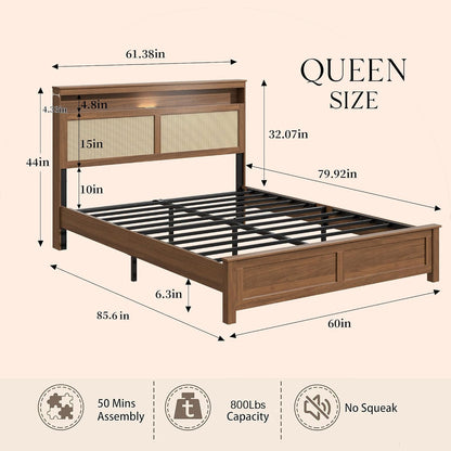 Queen Bed Frame with Natural Rattan Headboard, Brown2