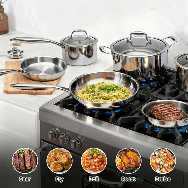 3 Ply Stainless Steel Cookware Set,  10-Pieces Pots and Pans Set, Induction Kitchen Cookware Set, Oven Safe to 500℉, Chef Quality Cooking Set W/Fry Pans, Saucepans, Dutch Oven, Kitchen Essential6