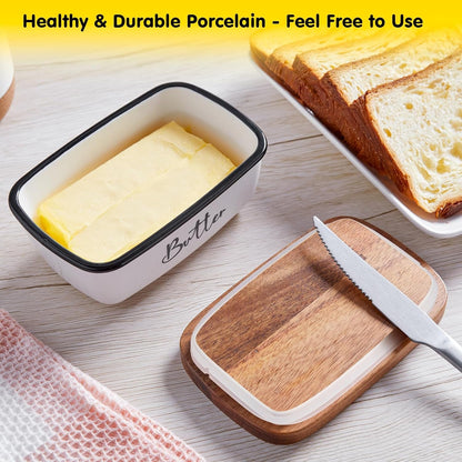 Butter Dish with Lid,  Large Ceramic Butter Dish for Countertop, Butter Keeper with Thick Acacia Wood Lid, Kitchen Decor and Accessories for Kitchen Gifts, White5