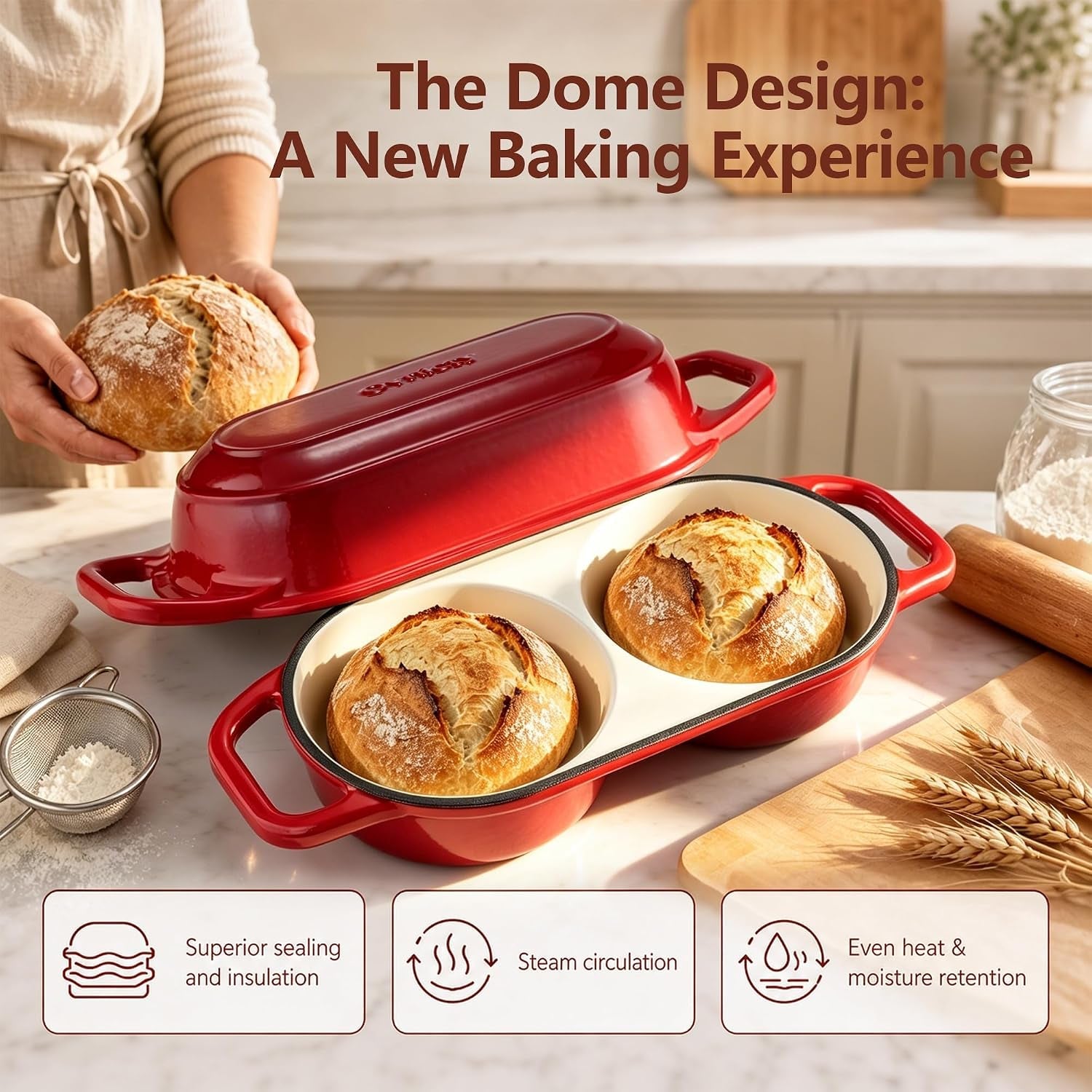 double-dutch-oven-for-sourdough-bread-baking-enameled-cast-iron-loaf-pan-with-lid-bread-pan-non-stick-double-round-loaf-space-15-3cm-diameter-ideal-for-home-bread-baking-red