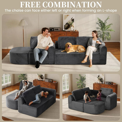 108” Modular Sectional Sofa, Boneless Couches for Living Room, Deep Seat L-Shape Cloud Couch with Chaise, Comfy Sofa Freely Change Configurations No Assembly Required, Soft Plush Corduroy Fabric(Grey)5