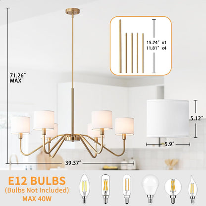 Modern Gold 6-Lights Chandelier, 39" Pendant Light with White Fabric Shade Adjustable Classic Chandelier Light Fixtures for Kitchen Island Dining & Living Room Entryway3