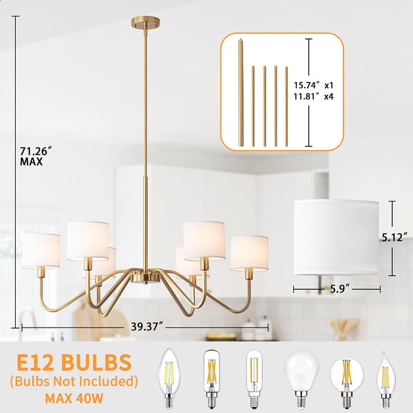 Modern Gold 6-Lights Chandelier, 39" Pendant Light with White Fabric Shade Adjustable Classic Chandelier Light Fixtures for Kitchen Island Dining & Living Room Entryway3