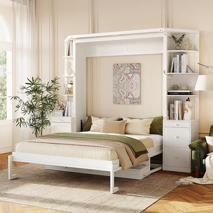Queen Murphy Bed with Storage Shelves, Desk, and LED Lights,Wood Hidden Folding Farmhouse Murphy Wall Bed with Storage Cabinets Bookcase Drawers & Shelves for Adults, Space-Saving (Queen,White)5
