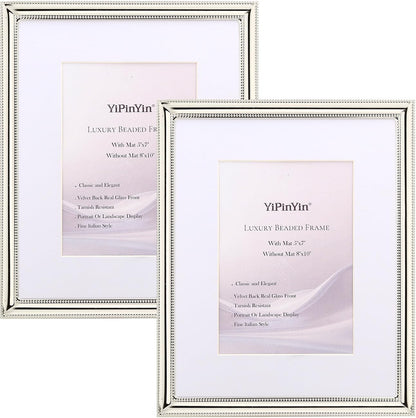 Classy Silver Plated 8X10'' Metal Picture Frame 2 Pack,Classic Beaded Frame 8X10'' Mat 5X7'',Real Glass Front and Velvet Backing,Perfect Gifts and Treasured Memories1