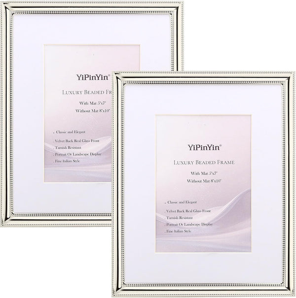 Classy Silver Plated 8X10'' Metal Picture Frame 2 Pack,Classic Beaded Frame 8X10'' Mat 5X7'',Real Glass Front and Velvet Backing,Perfect Gifts and Treasured Memories1