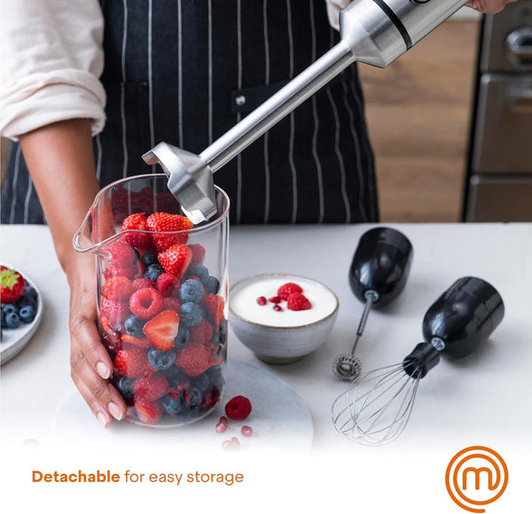 Masterchef Immersion Blender Handheld with Electric Whisk & Milk Frother Attachments, Hand Held Stainless Steel Stick Emulsifier for Making Baby Food, Soup, Puree, Cake, Cappuccino, Latte Etc, 400W5
