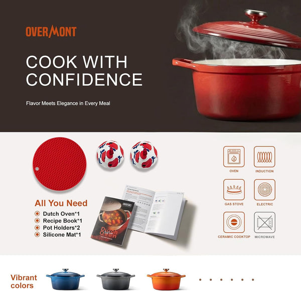 Enameled Cast Iron Dutch Oven - 5.5QT Pot with Wide Handles Lid Cookbook & Cotton Potholders - Heavy-Duty Pre-Seasoned Cookware Oven Safe to 500°F for Braising, Stews, Roasting, Sourdough Baking6