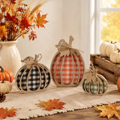 3 Pcs Pumpkin Signs, Buffalo Plaid Fall Table, Mantel Home Decor | 4.7"X9.1" Wooden Black White Checkered Pumpkin, Autumn Thanksgiving Decorations Indoor, Tabletop, Tiered Tray, Shelf, Kitchen8
