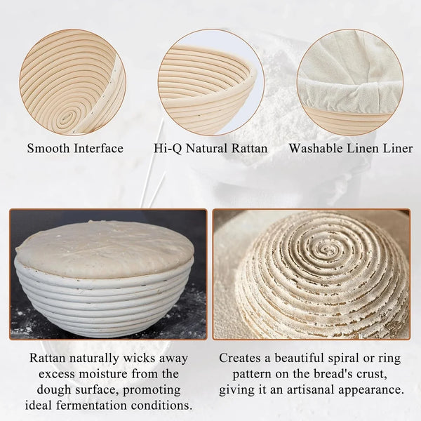 Rattan Banneton Bread Proofing Basket Set of 2, 9 Inch round | for Sourdough, Boule and Artisan Loaves; Supports Dough during Final Proof for Easier Shaping and Defined Spiral Lines3