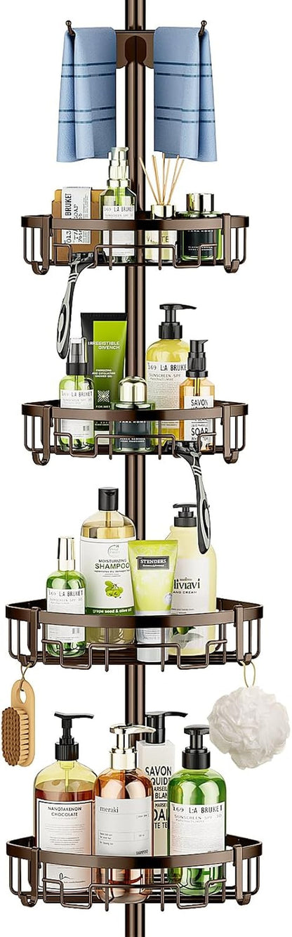 Corner Shower Caddy Tension Pole - 62-115 INCH - 4-Tier Rustproof Bathroom Organizer Shelves, Adjustable Bathtub Tub Shampoo Storage, Bronze1