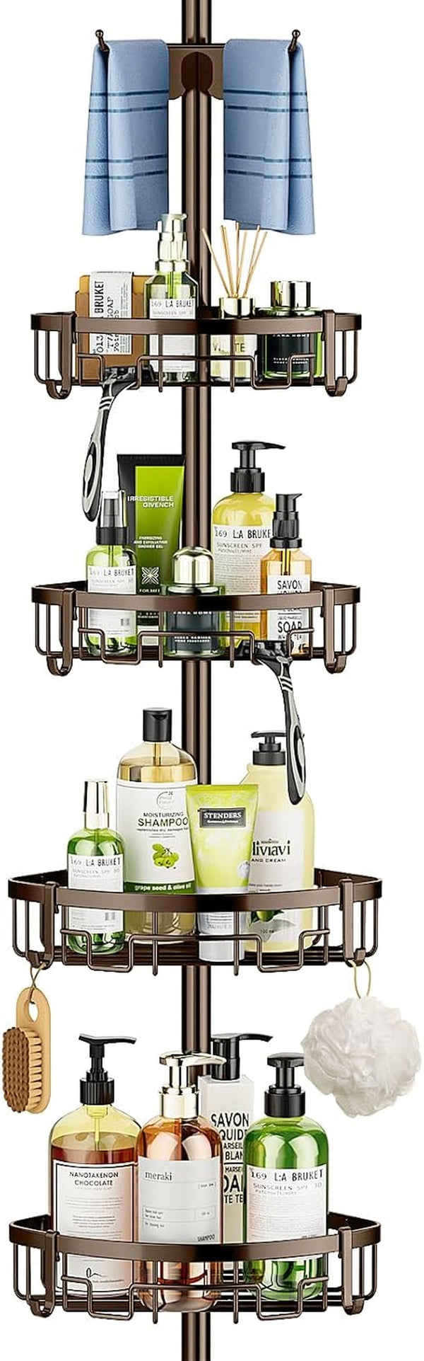 Corner Shower Caddy Tension Pole - 62-115 INCH - 4-Tier Rustproof Bathroom Organizer Shelves, Adjustable Bathtub Tub Shampoo Storage, Bronze1