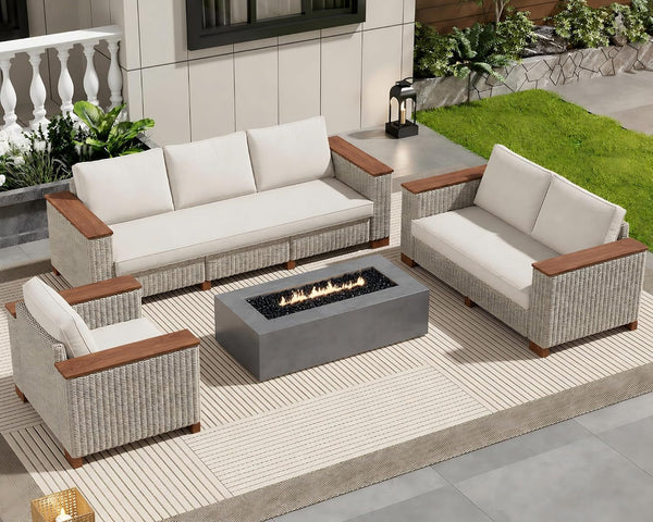 6-Piece Wicker Patio Furniture Set with Solid Wood Armrest, Outdoor Patio Set with Thick Legs, Uv-Resistant Modular Outdoor Sectional Sofa for Backyard, Porch, Garden1