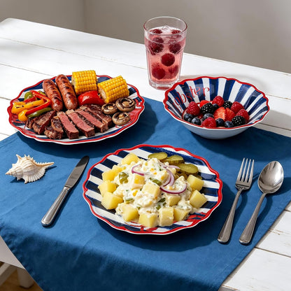 Lobster and Crab Melamine Dinnerware Set,12-Piece Scalloped Plates and Bowls Set for 4,Coastal Nautical Design,Unbreakable Lightweight,Dishwasher Safe BPA Free,For Kitchen Outdoor Camping RV4