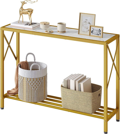 Entryway Table 41.8", 2 Tier Gold Console Table with Shelves | Narrow Entry Table, Thin Sofa Table for Hallway, Living Room, Foyer, Entrance, Corridor, Office, Gold & White1