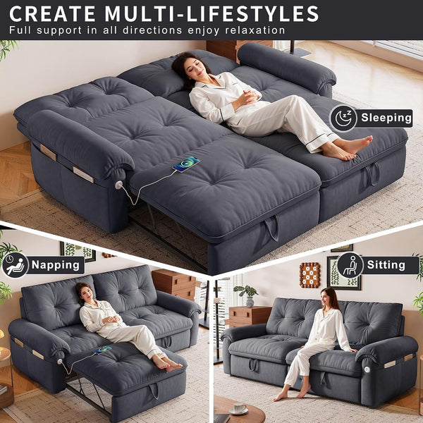 77" Queen Size Sofa Bed, Loveseat Sleeper Sofa with Pull Out Bed, Pockets and USB, Modern 2 Seater Convertible Small Couch for Living Room Bedroom Apartment, Gray4