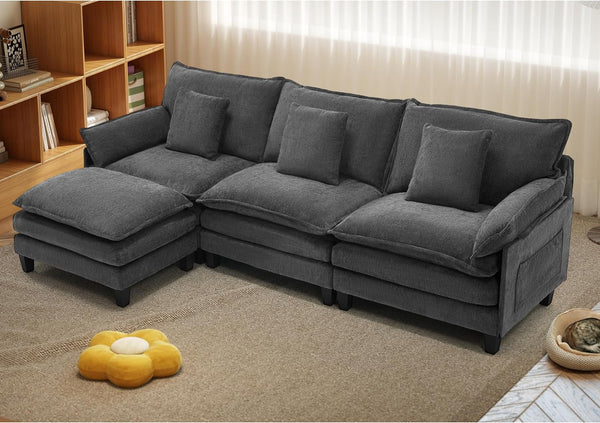106" L Shaped Modular Sectional Cloud Couch, Comfy Modern Sofa with Ottoman, 4-Seat Deep Seat Sofa with Pillows for Living Room, Bedroom and Apartment, Modular Sofa, Grey1